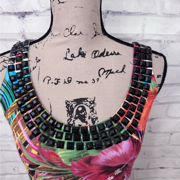 Cache Sz S Y2K Beaded Tropical Tank top Scoop Neck Hibiscus Floral Bold Mob Wife - Picture 4 of 13